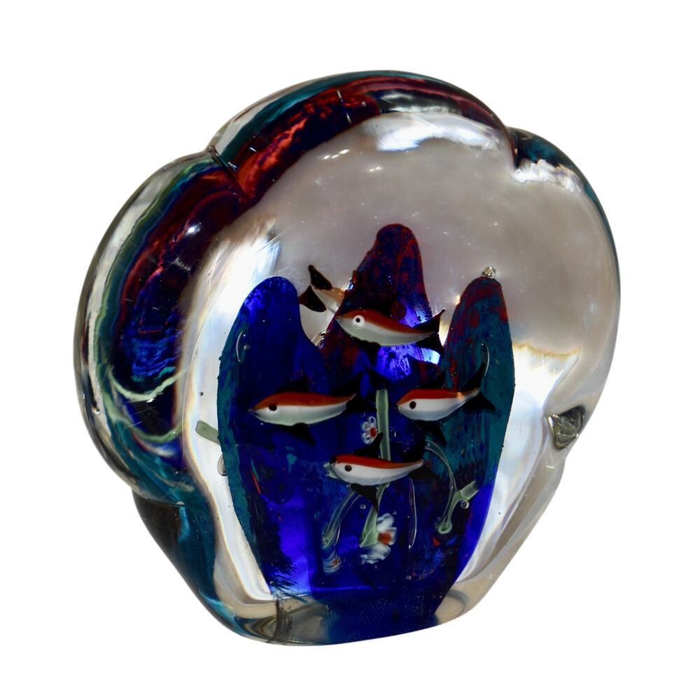 Murano Fish Aquarium Blue Reef Double Sided Glass Sculpture Paperweight